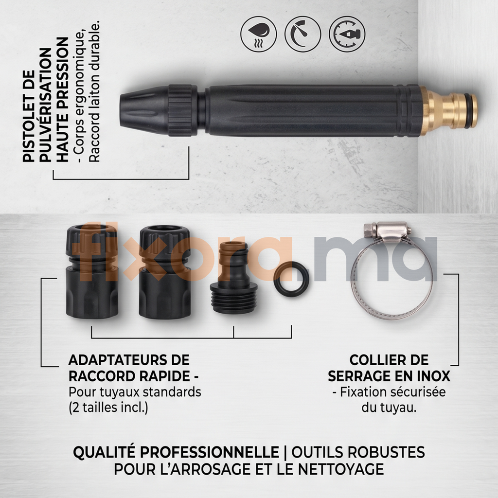 HydroBlast™ — Pistolet Haute Pression pour Tuyau d'Arrosage | Fixora.ma